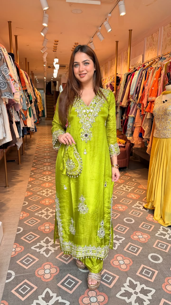 Mirror Work Silk Kurta Set with Potli Bag