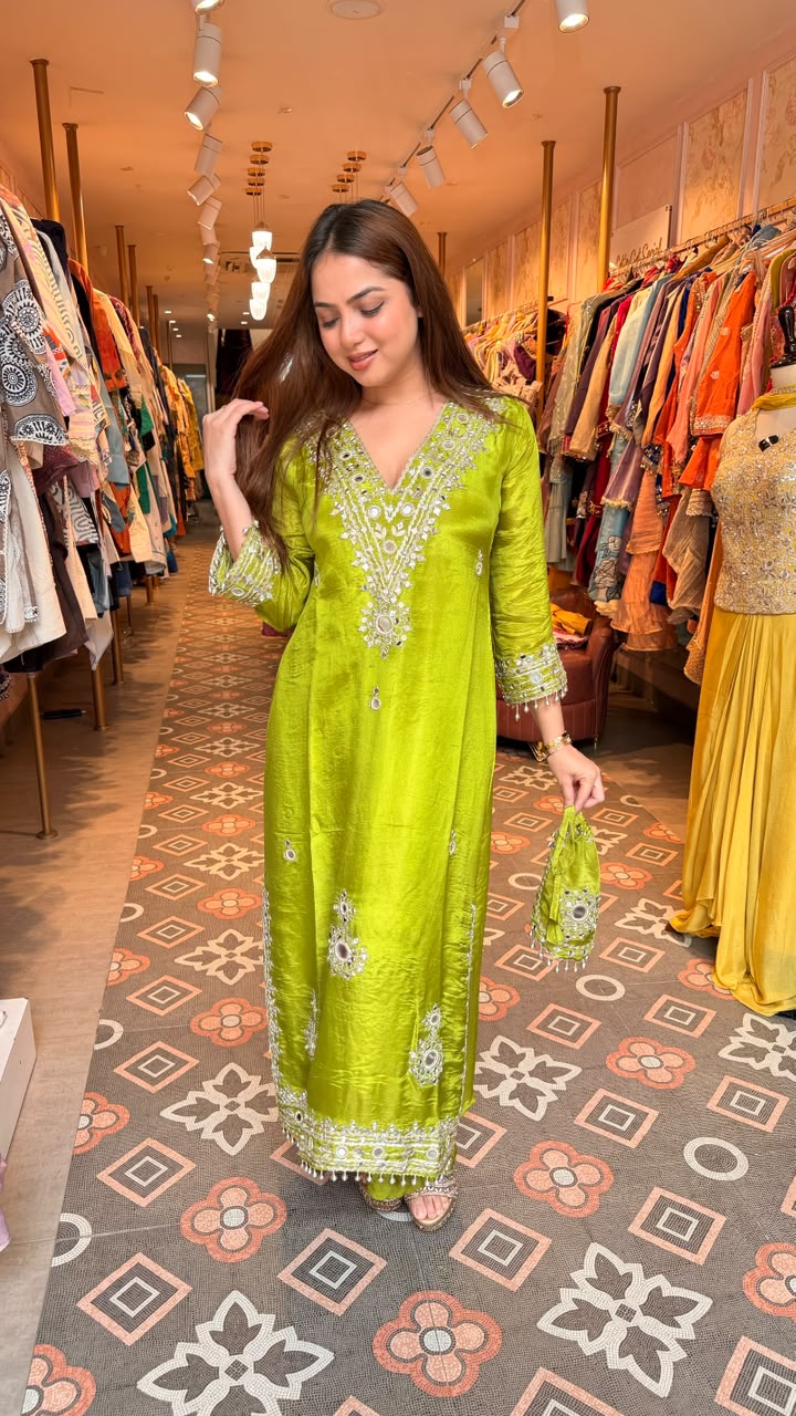 Mirror Work Silk Kurta Set with Potli Bag