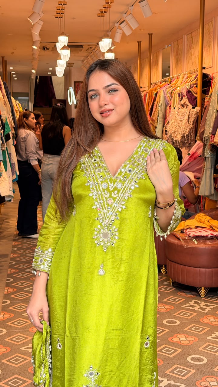 Mirror Work Silk Kurta Set with Potli Bag