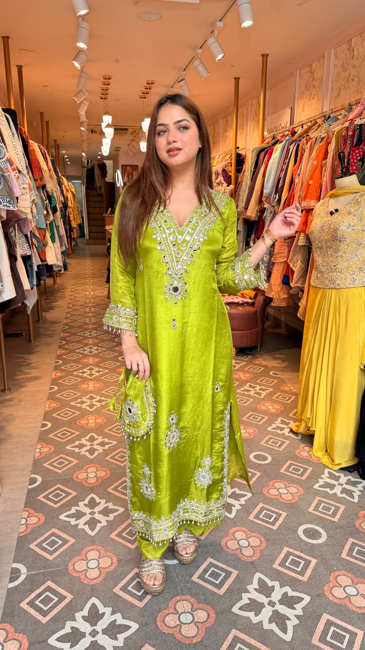 Mirror Work Silk Kurta Set with Potli Bag