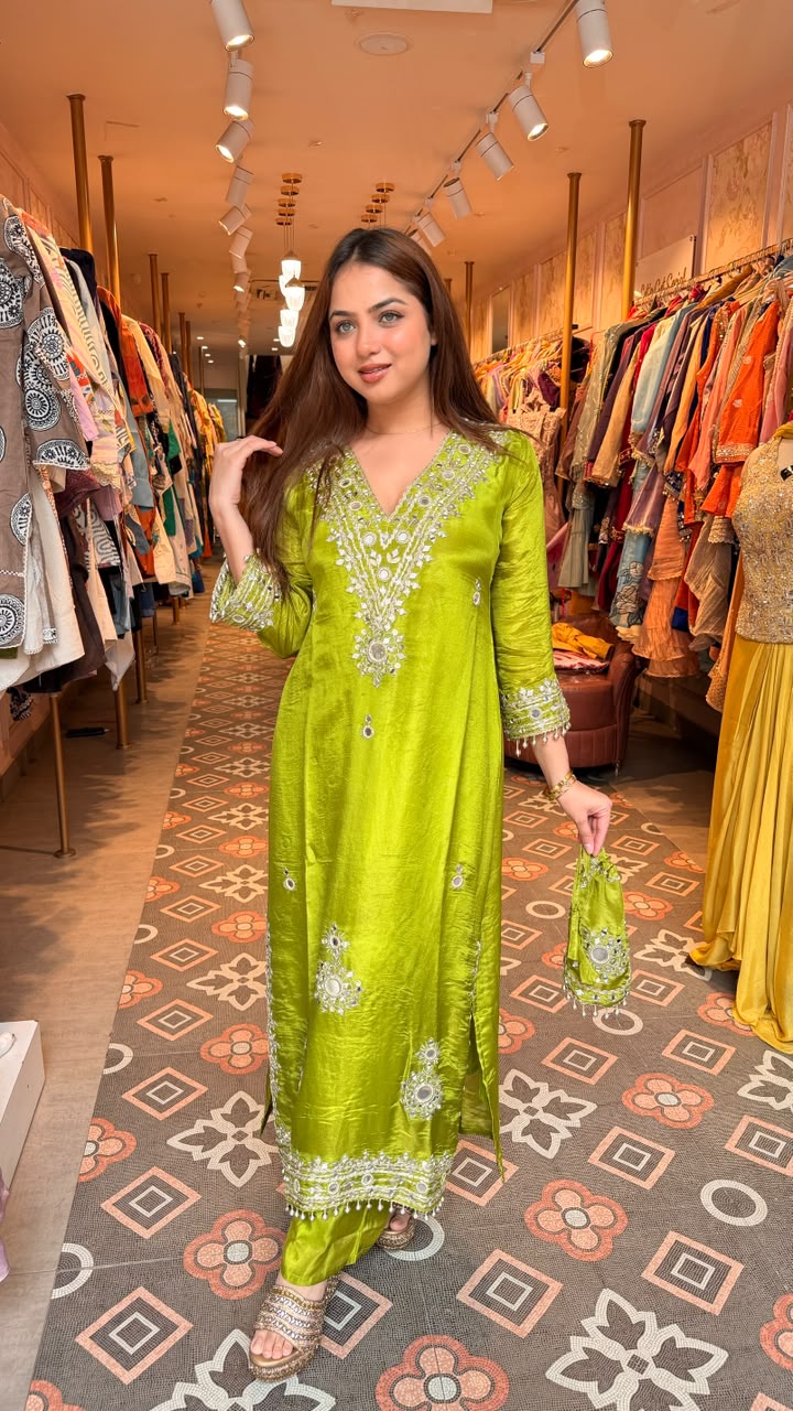 Mirror Work Silk Kurta Set with Potli Bag