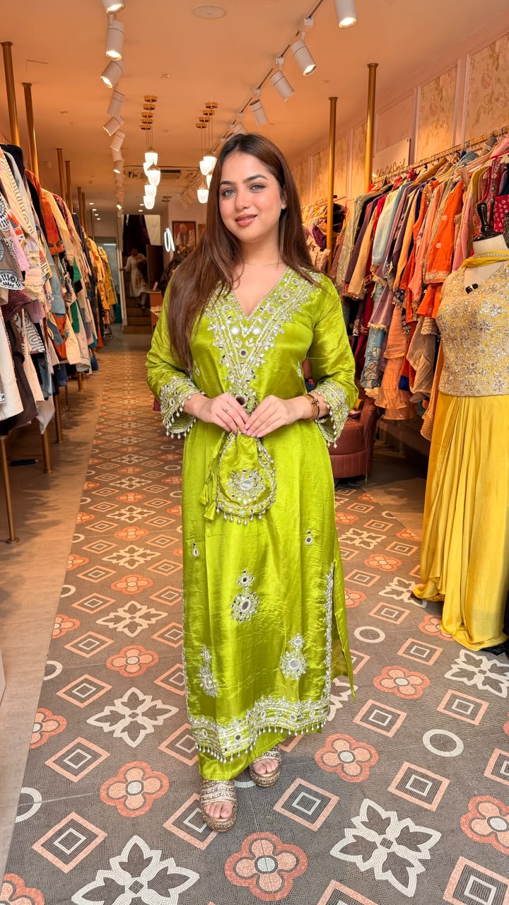 Mirror Work Silk Kurta Set with Potli Bag