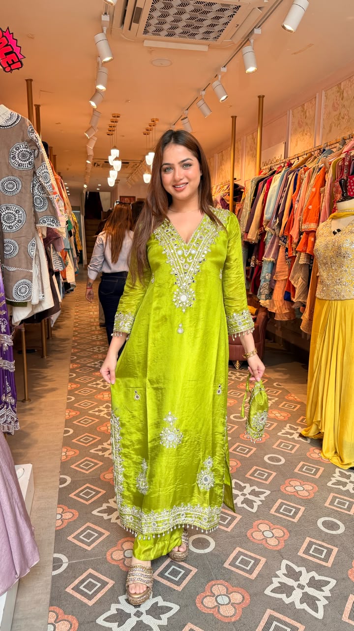 Mirror Work Silk Kurta Set with Potli Bag