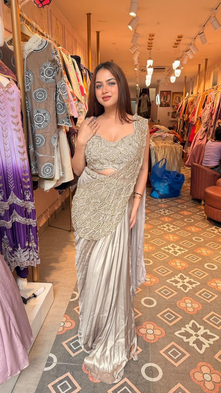 Designer Embellished Ready-to-Wear Satin Saree with Heavy Blouse
