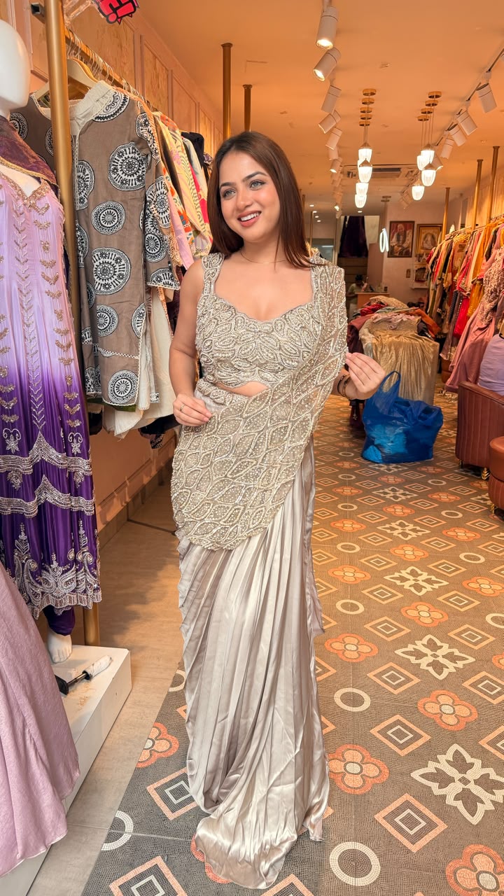 Designer Embellished Ready-to-Wear Satin Saree with Heavy Blouse