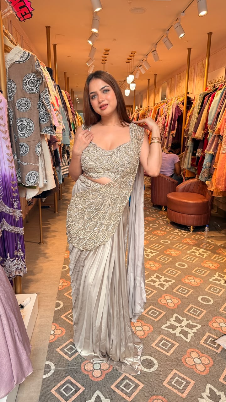 Designer Embellished Ready-to-Wear Satin Saree with Heavy Blouse