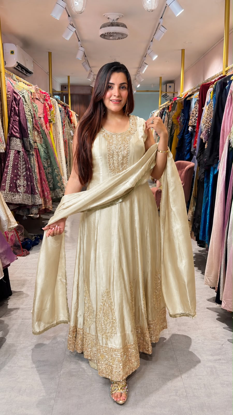 Embroidered Drape Gown with Choker Neck