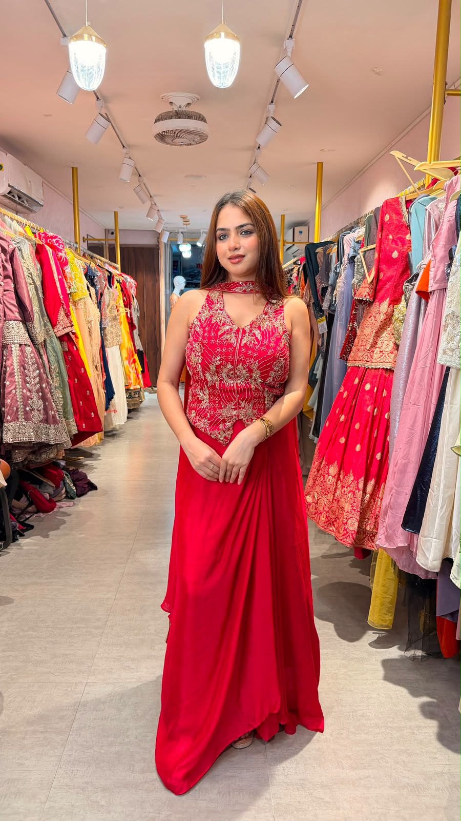Embroidered Drape Gown with Choker Neck
