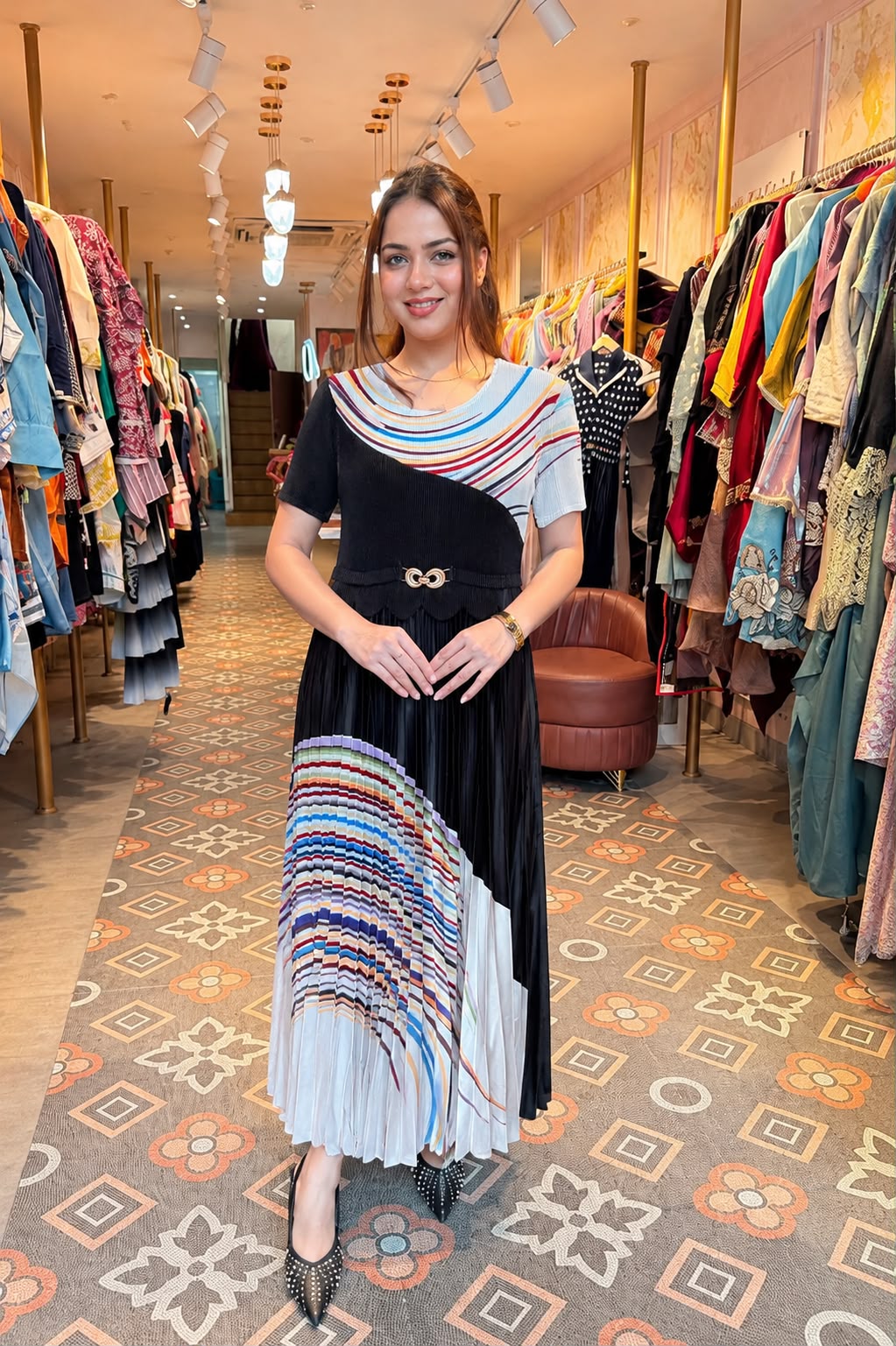 Abstract Print Pleated Midi Dress