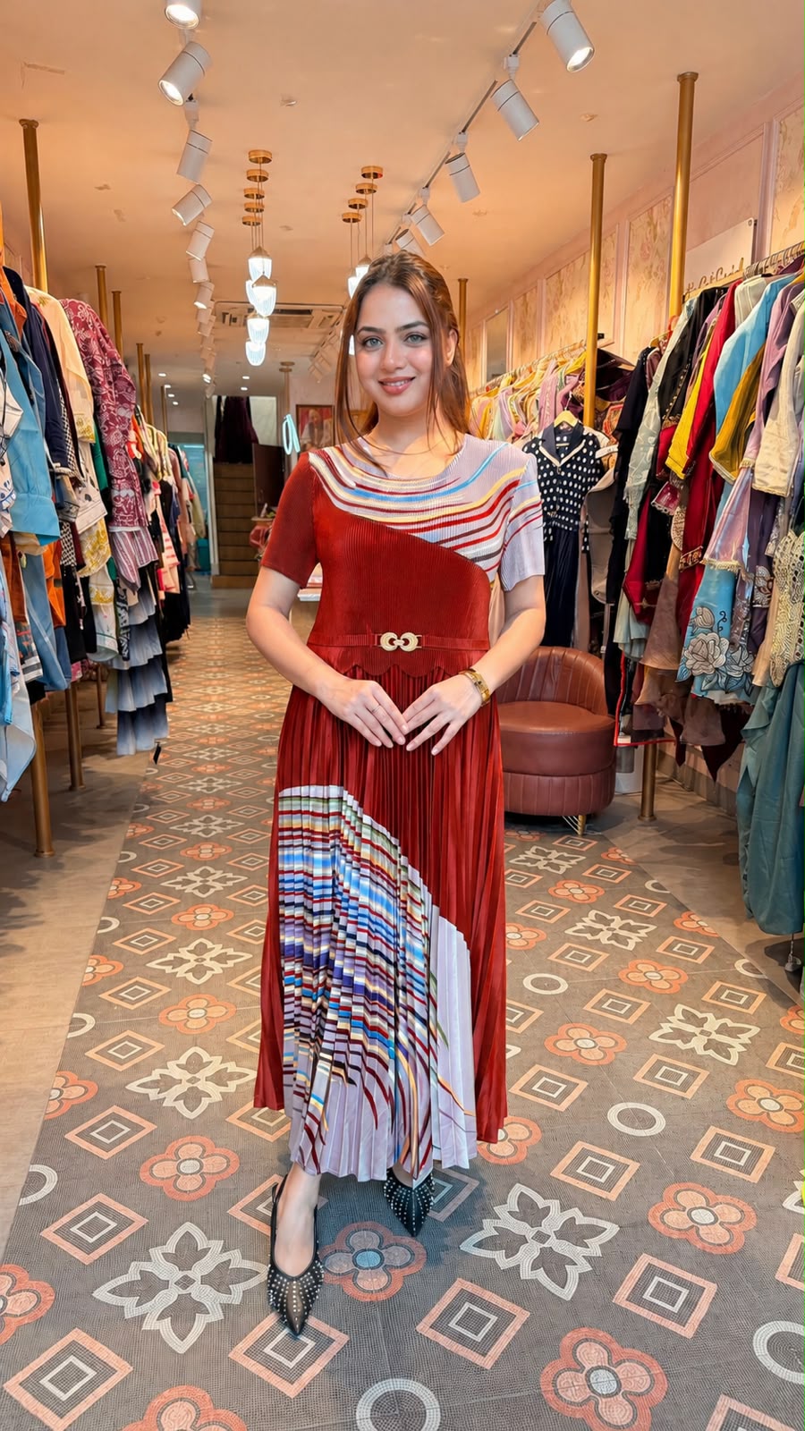 Abstract Print Pleated Midi Dress