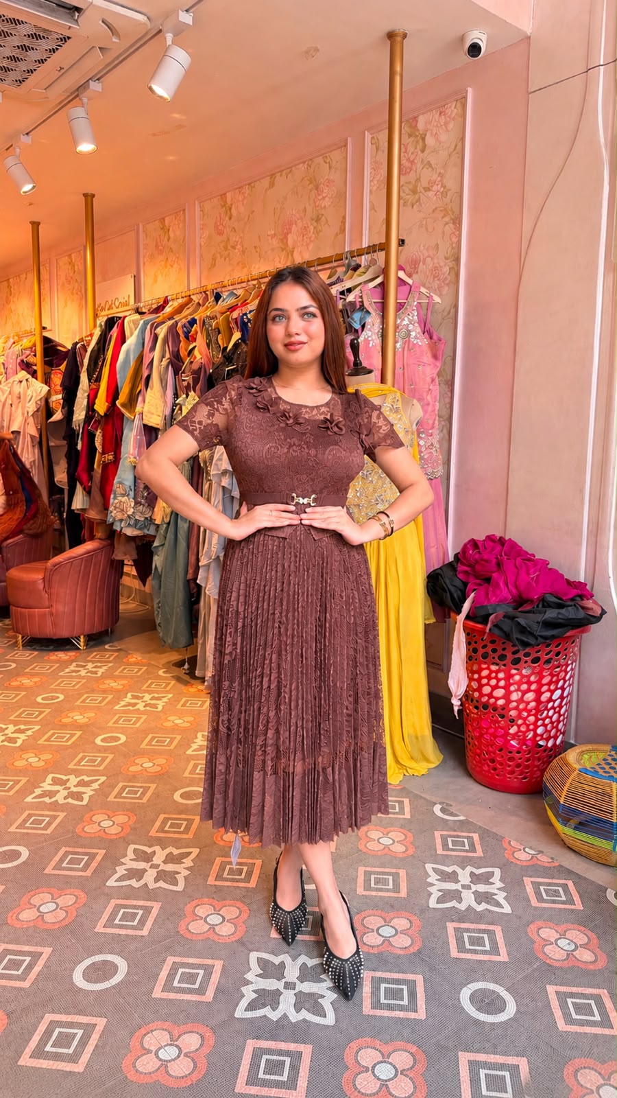 Floral Lace Pleated Midi Dress