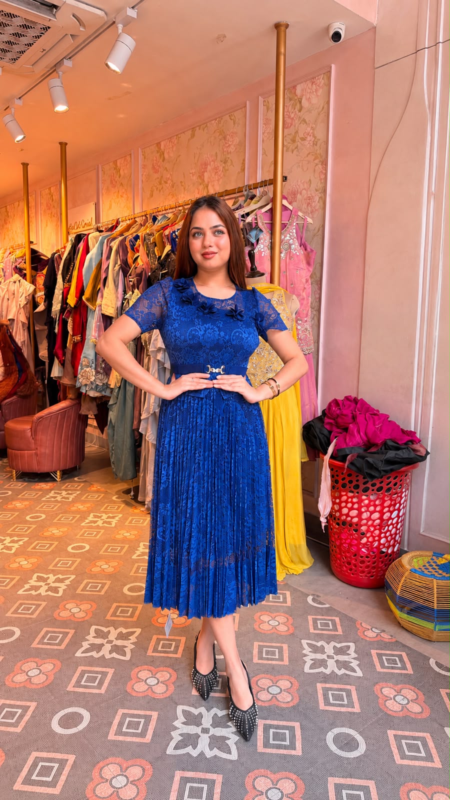 Floral Lace Pleated Midi Dress