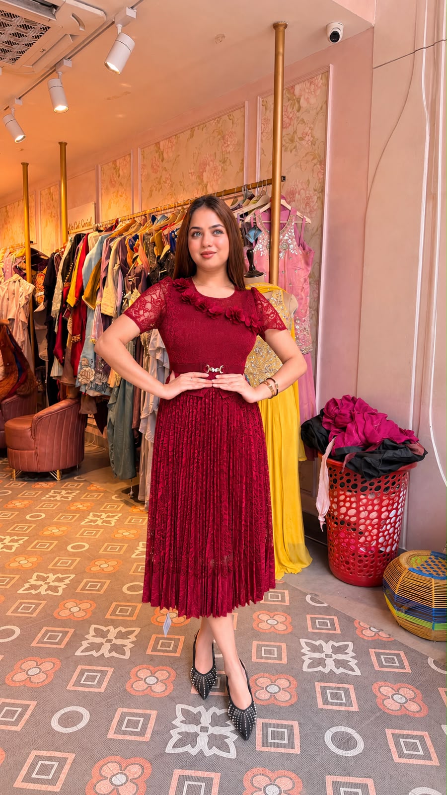 Floral Lace Pleated Midi Dress