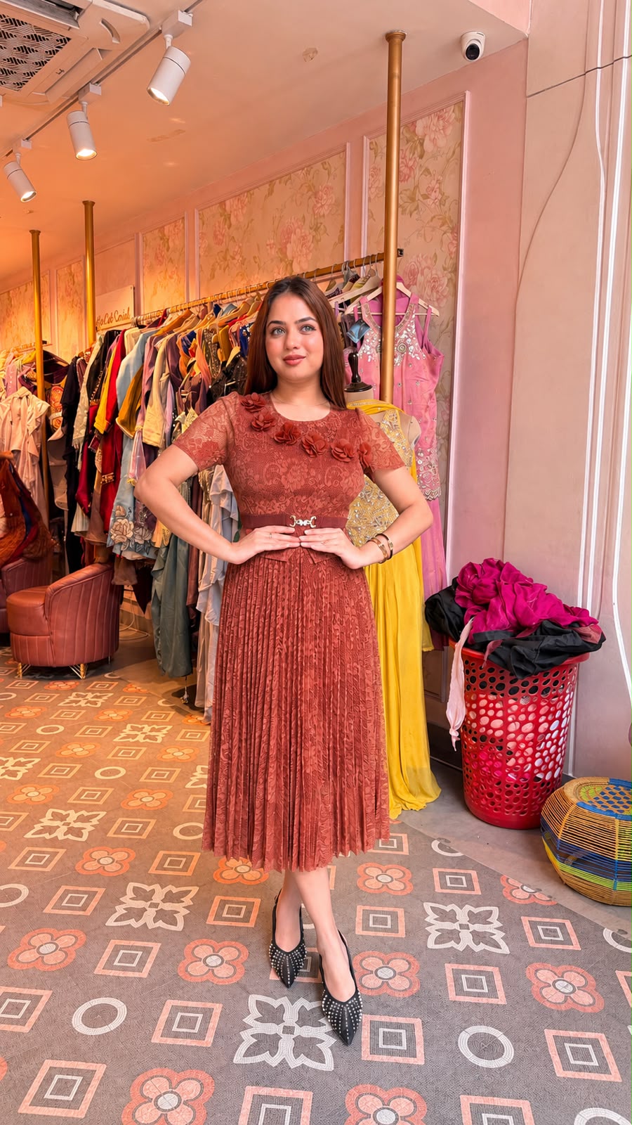 Floral Lace Pleated Midi Dress
