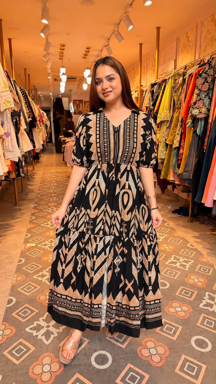 Boho Tribal Print Tiered Midi Dress