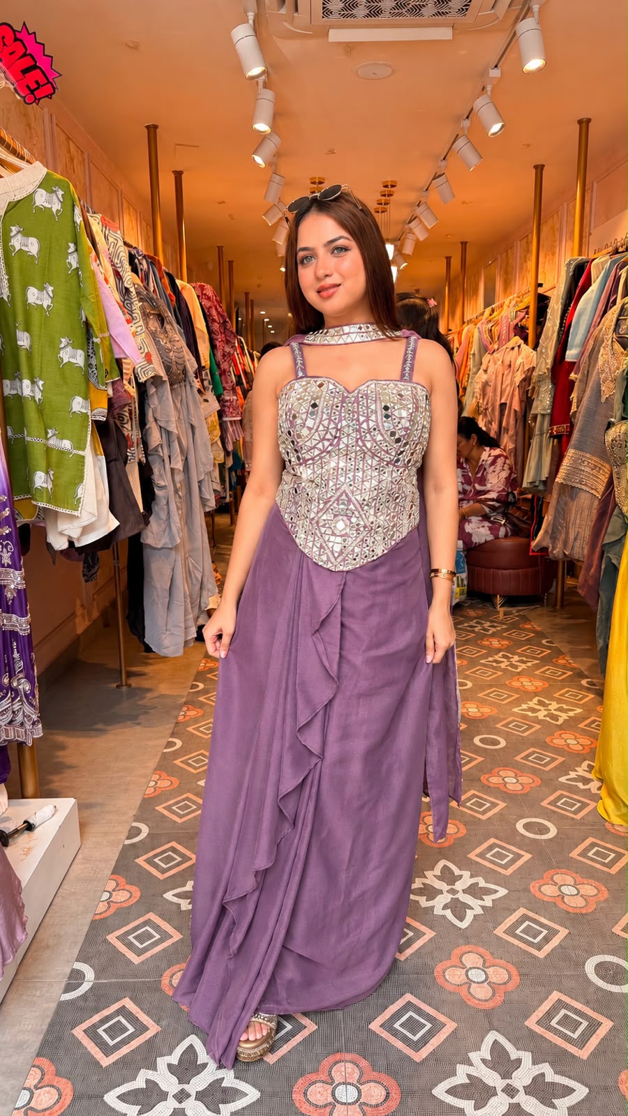 Mirror Work Corset Drape Gown Set