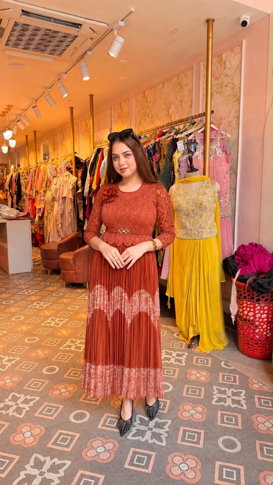 Floral Lace Pleated Midi Dress