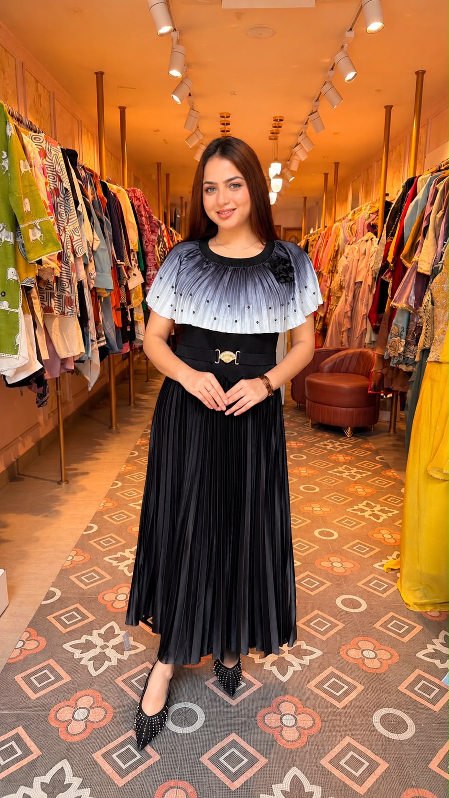 Pleated Cape Midi Dress