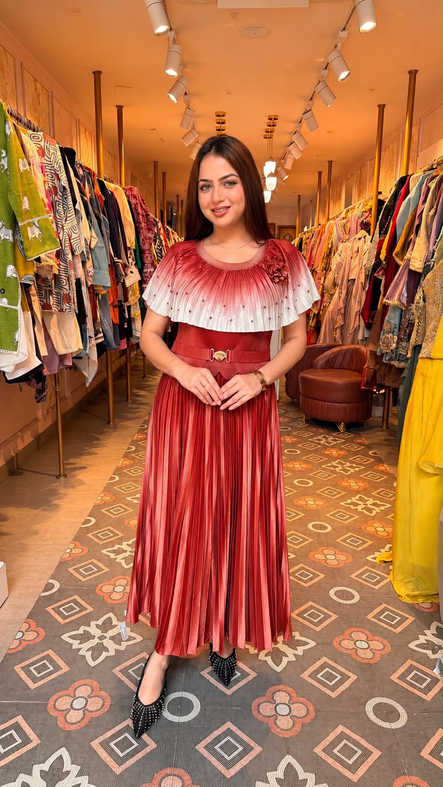 Pleated Cape Midi Dress