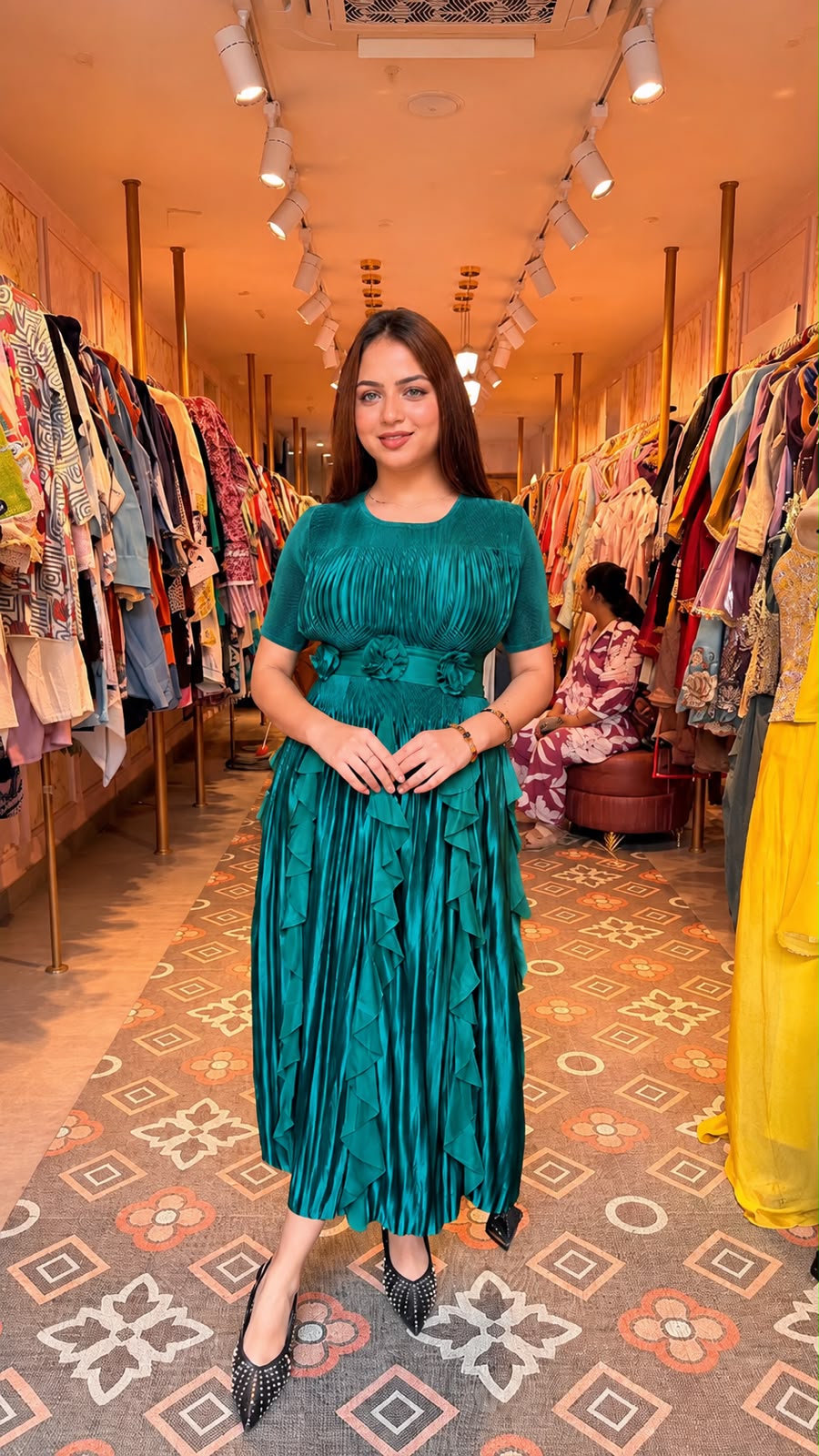 Emerald Green Pleated Ruffle Midi Dress