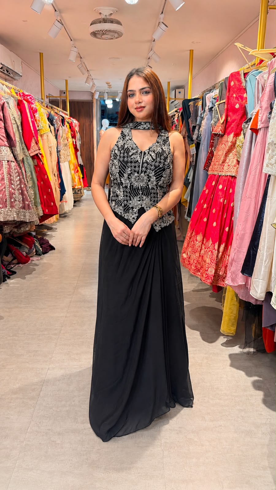 Embroidered Halter Neck Draped Evening Gown