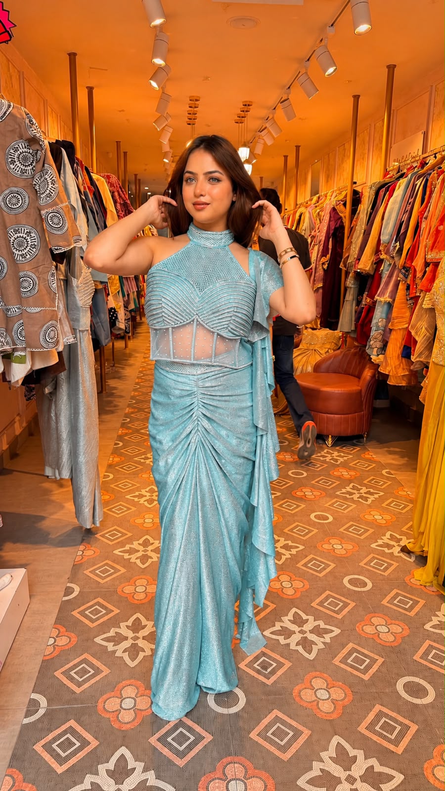 Ice Blue Embellished Drape Saree Gown