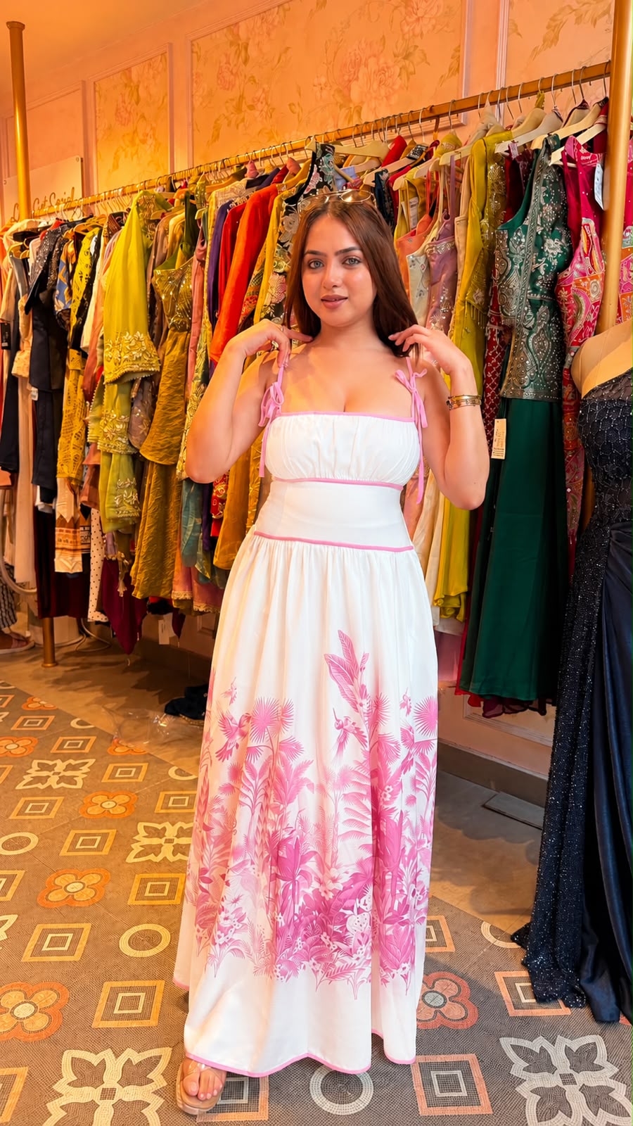 Blue Tropical Print Tie-Strap Maxi Dress