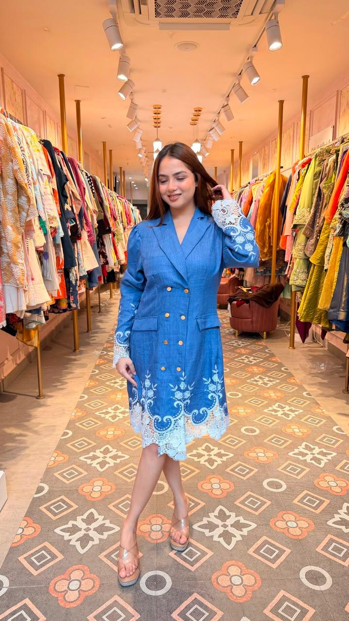 Blue Embroidered Blazer Dress