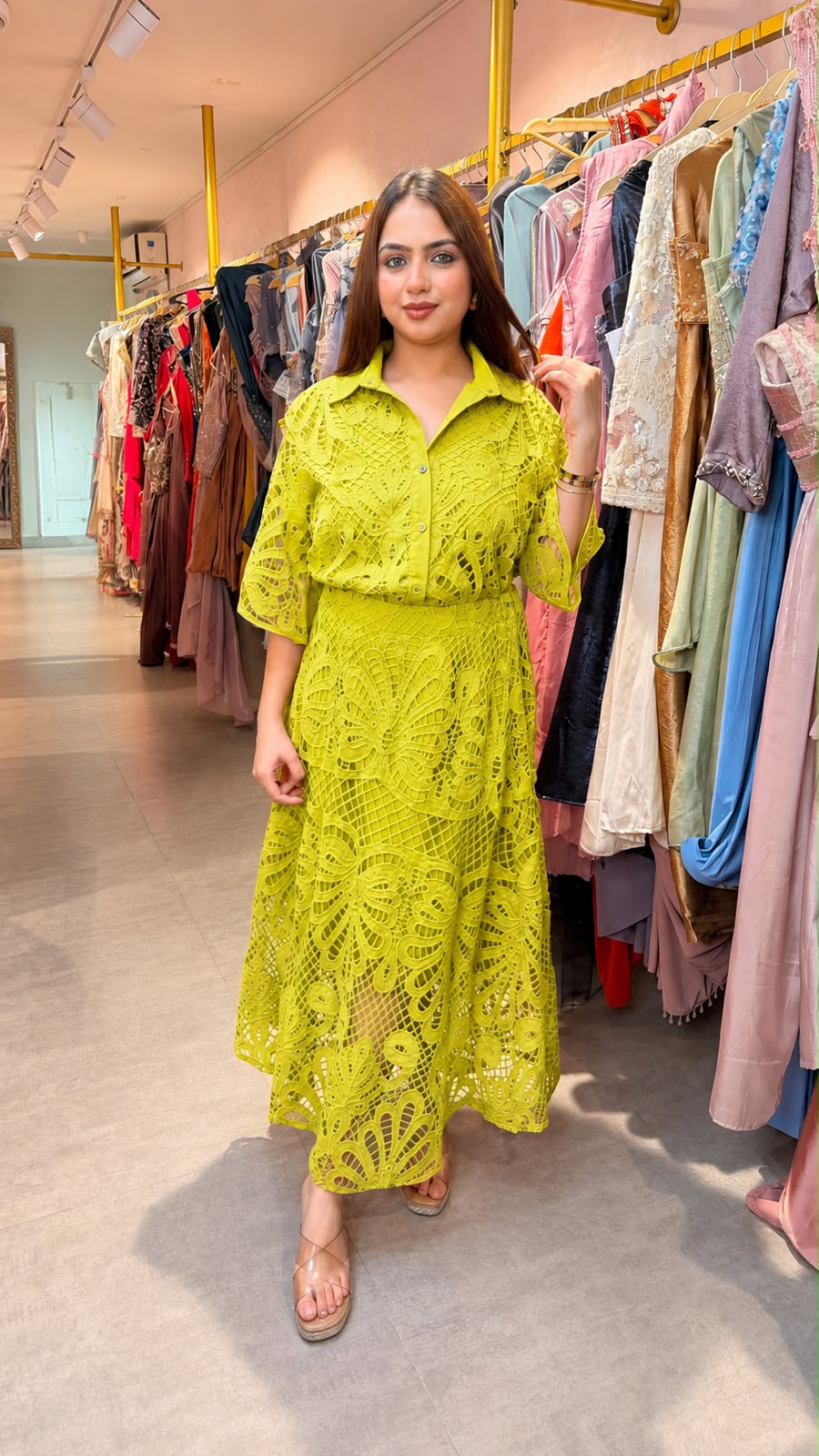Hot Pink Floral Crochet Lace Shirt Dress