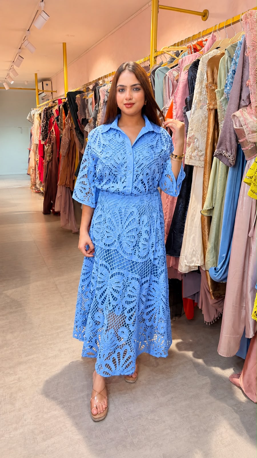 Hot Pink Floral Crochet Lace Shirt Dress