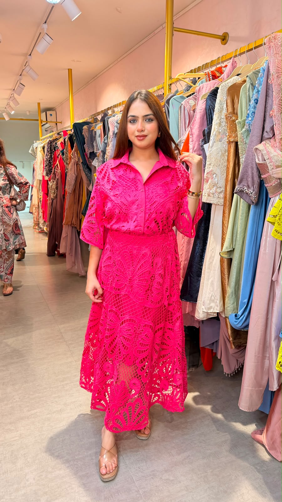 Hot Pink Floral Crochet Lace Shirt Dress