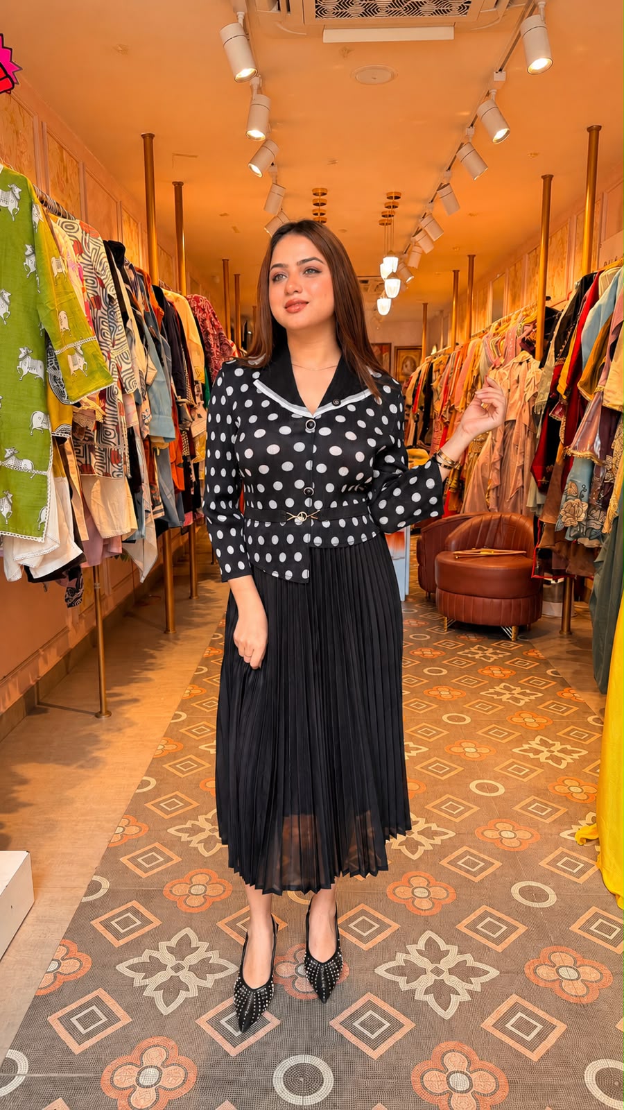 Polka Dot Knit Top with Pleated Midi Skirt Set