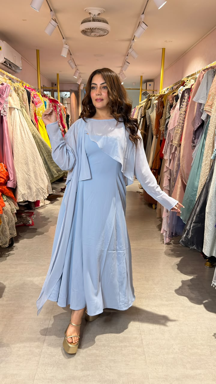 Powder Blue Cape Layered Maxi Dress