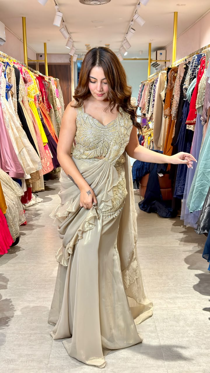 Champagne Gold Embellished Drape Saree Gown