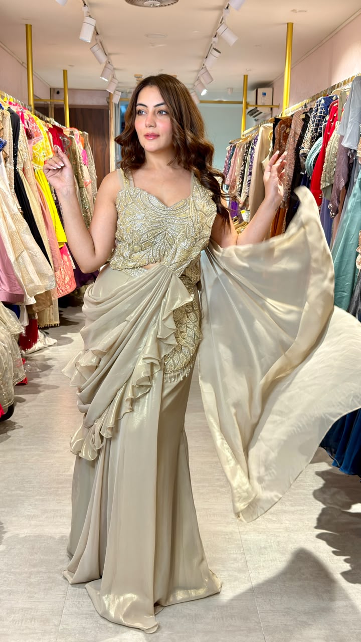 Champagne Gold Embellished Drape Saree Gown