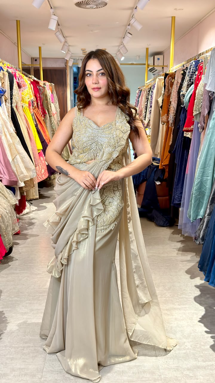 Champagne Gold Embellished Drape Saree Gown