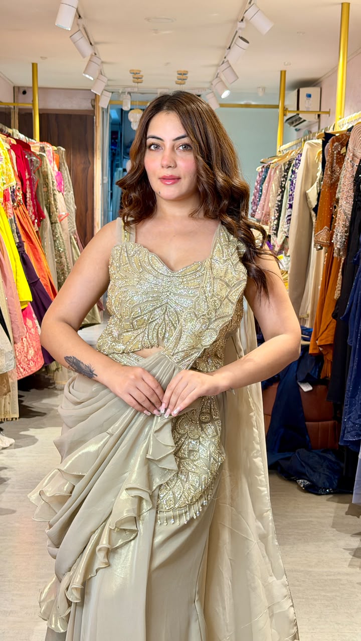 Champagne Gold Embellished Drape Saree Gown