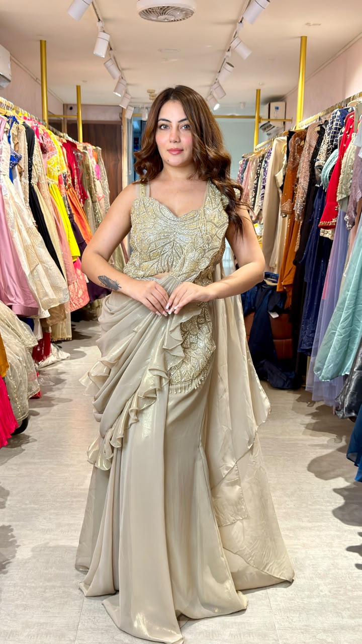 Champagne Gold Embellished Drape Saree Gown