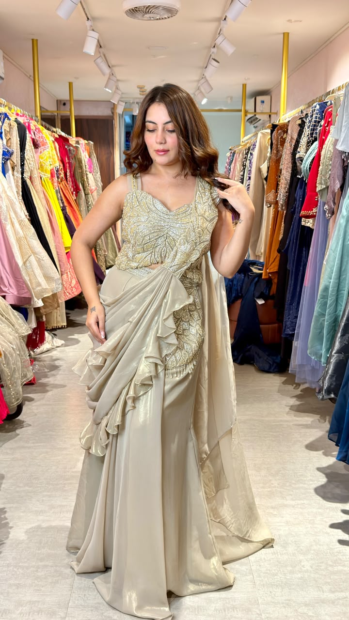 Champagne Gold Embellished Drape Saree Gown