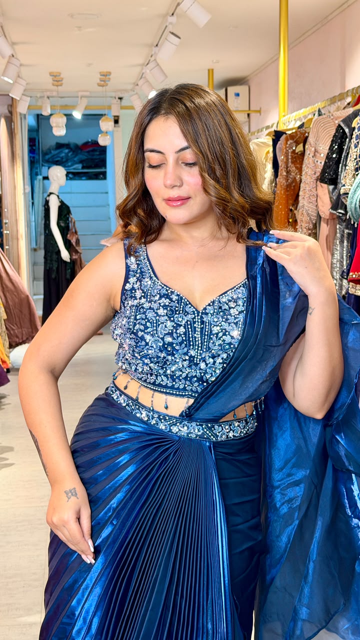 Midnight Blue Metallic Pleated Saree with Heavy Embellished Blouse