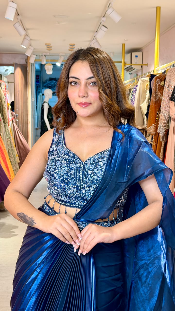 Midnight Blue Metallic Pleated Saree with Heavy Embellished Blouse