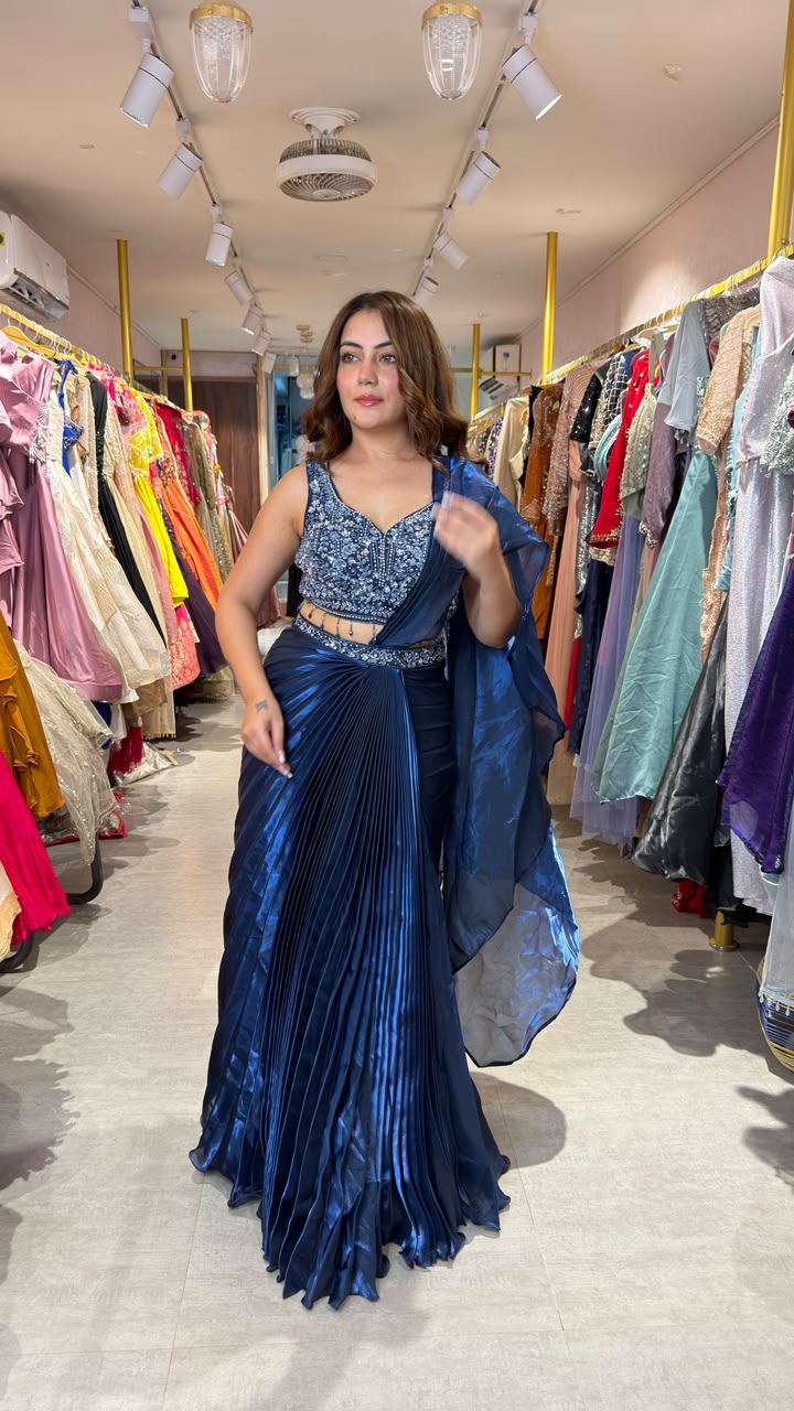 Midnight Blue Metallic Pleated Saree with Heavy Embellished Blouse