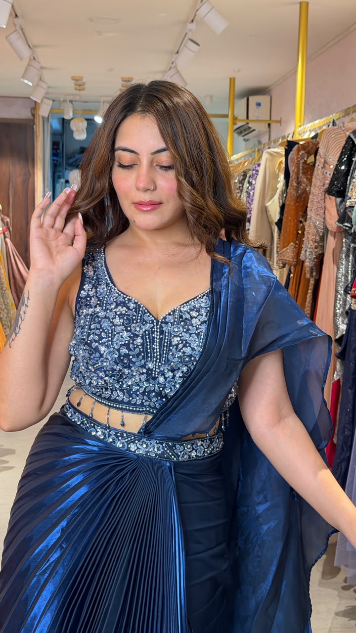 Midnight Blue Metallic Pleated Saree with Heavy Embellished Blouse