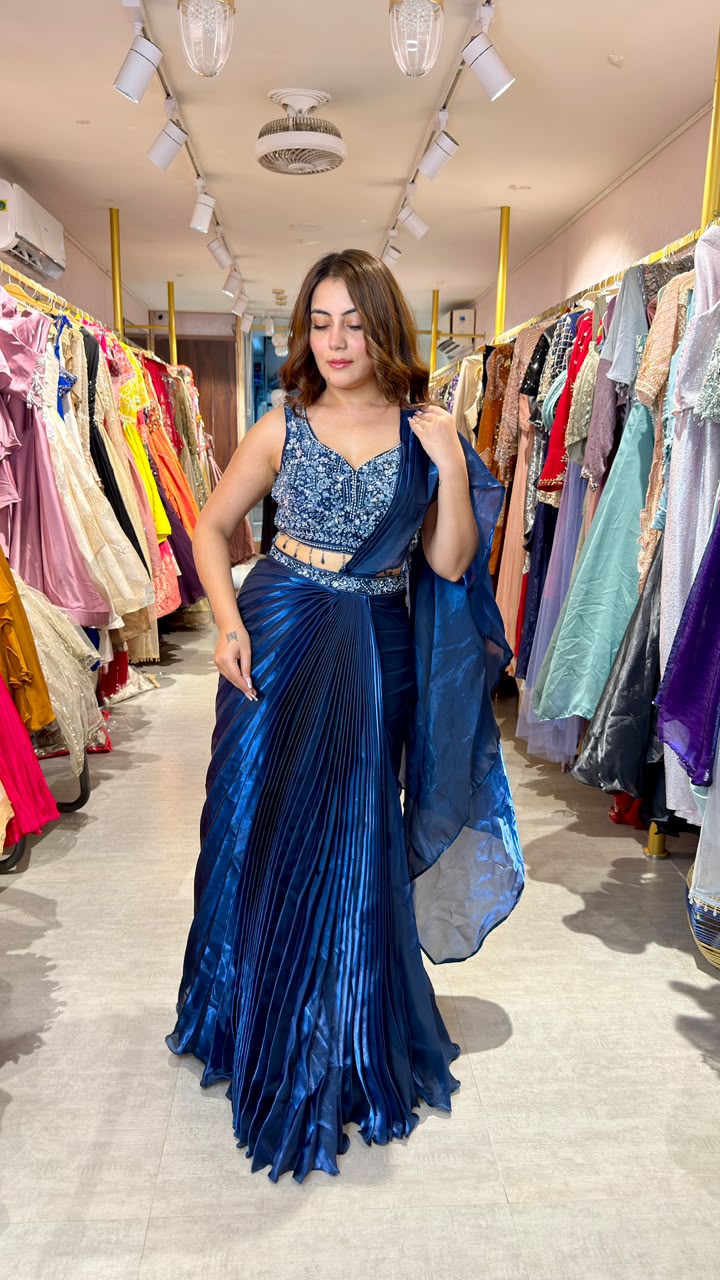Midnight Blue Metallic Pleated Saree with Heavy Embellished Blouse
