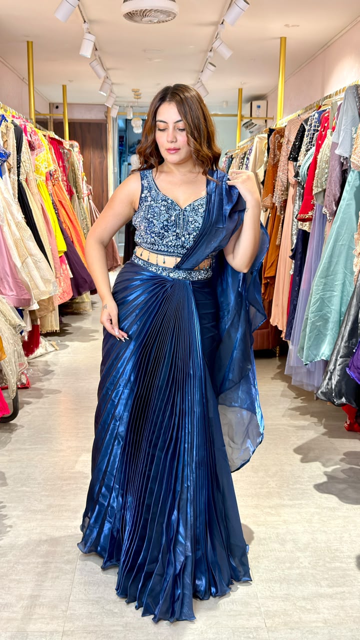 Midnight Blue Metallic Pleated Saree with Heavy Embellished Blouse