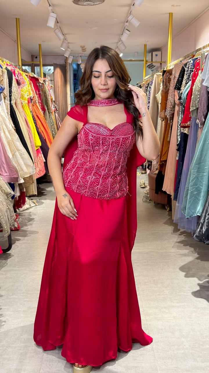 Embellished Corset Gown with Cape Sleeves