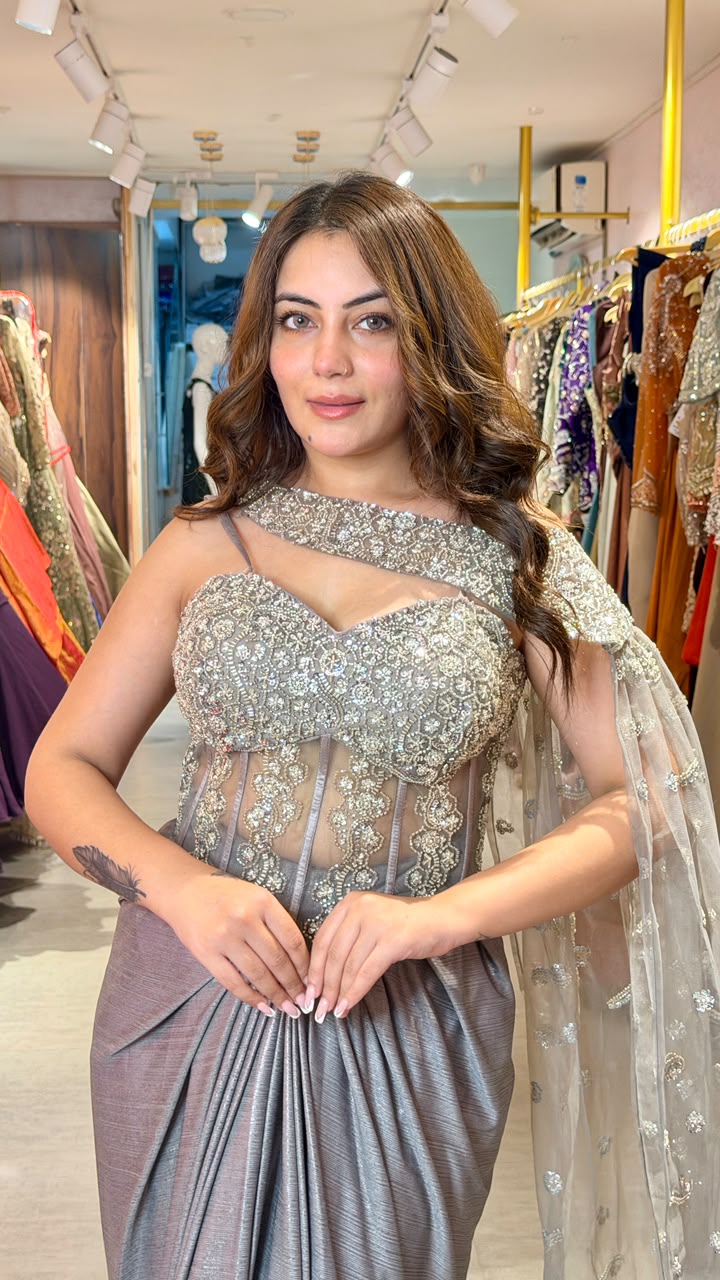 Designer Embellished Pre-Draped Saree Gown with Embroidered Corset Blouse