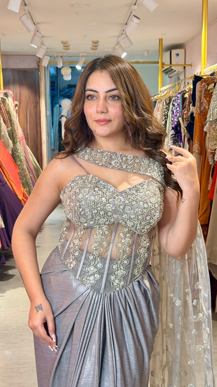 Designer Embellished Pre-Draped Saree Gown with Embroidered Corset Blouse
