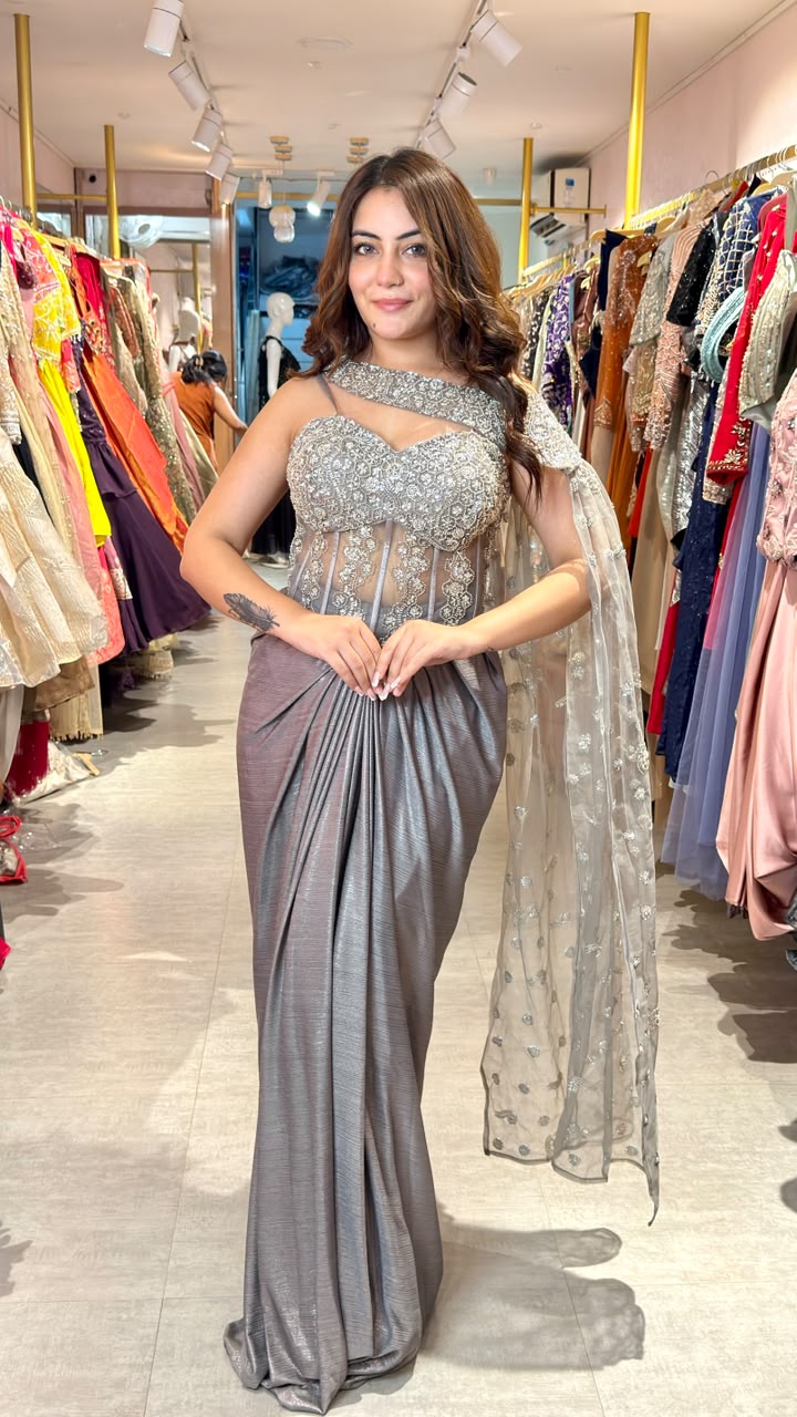 Designer Embellished Pre-Draped Saree Gown with Embroidered Corset Blouse