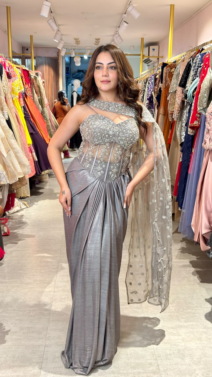 Designer Embellished Pre-Draped Saree Gown with Embroidered Corset Blouse